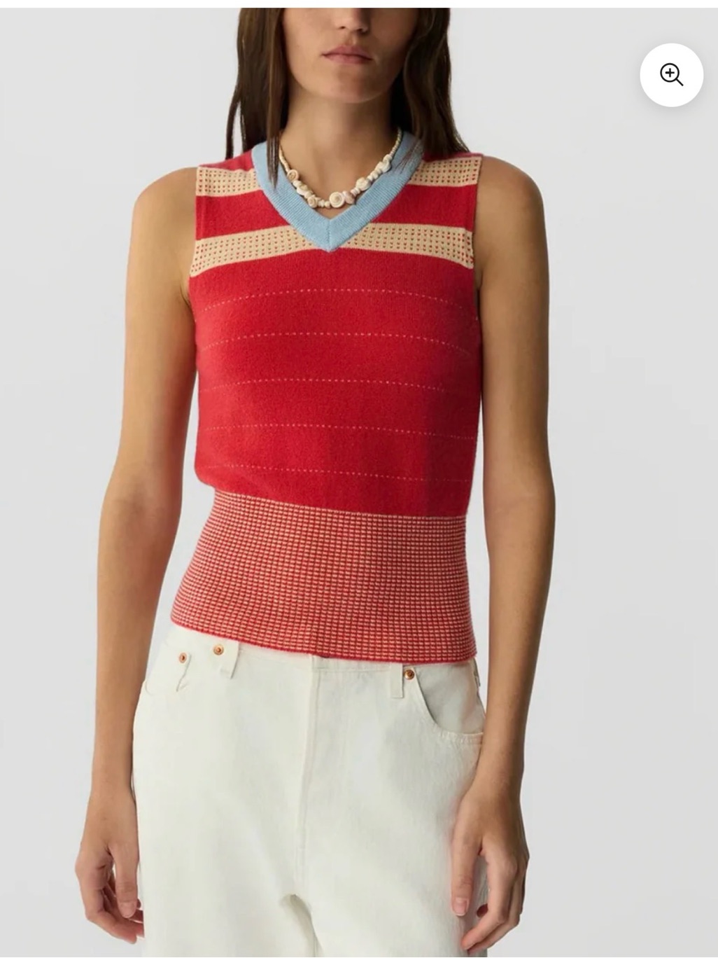 Sleeveless V-Neck Knit Top In Red And Cream With Light Blue Trim